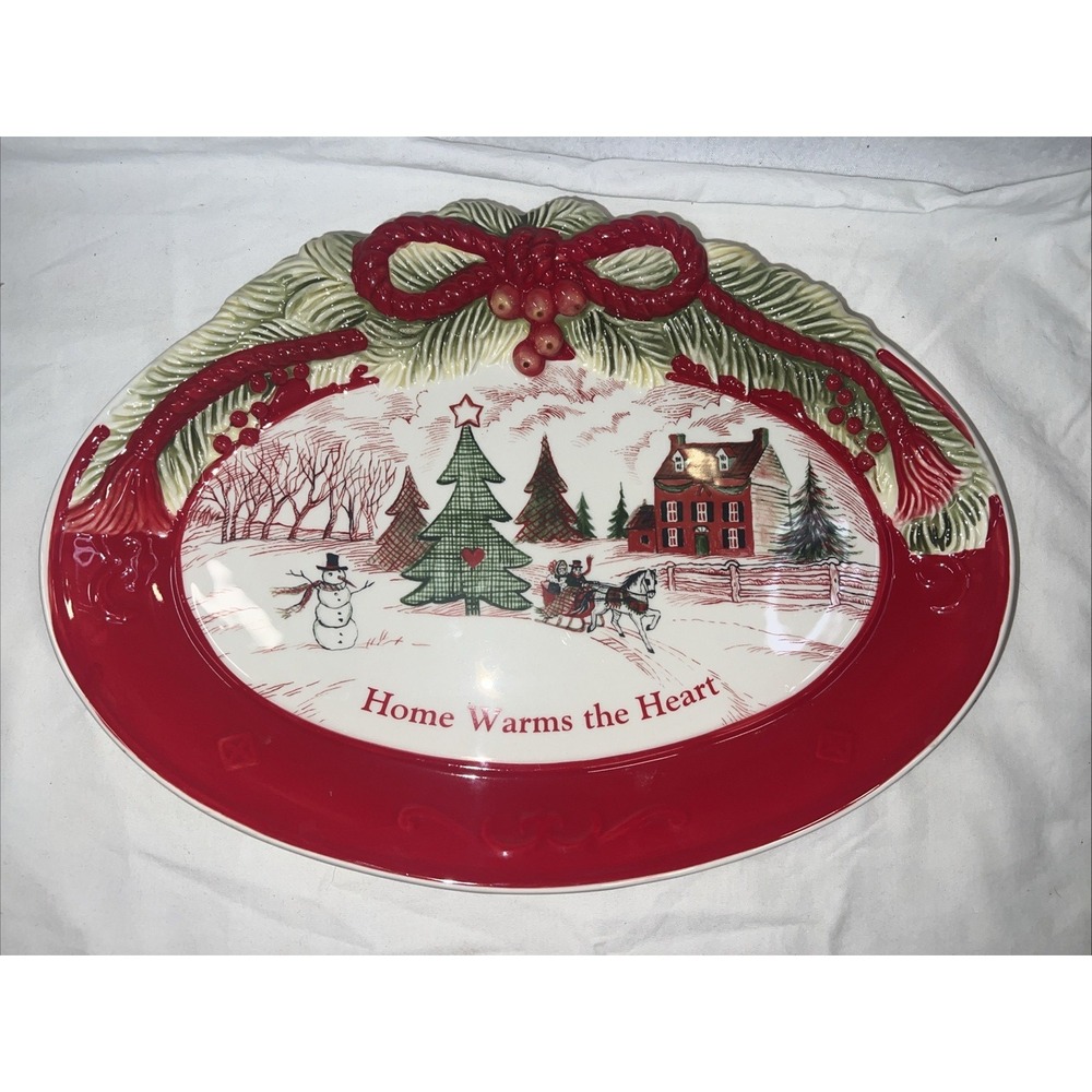 FITZ & FLOYD Oval Cookie Platter Home Warms the Heart Christmas Holiday 13 1/2 "